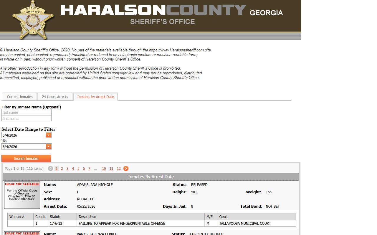 Haralson County inmate records arrest date roster search controls