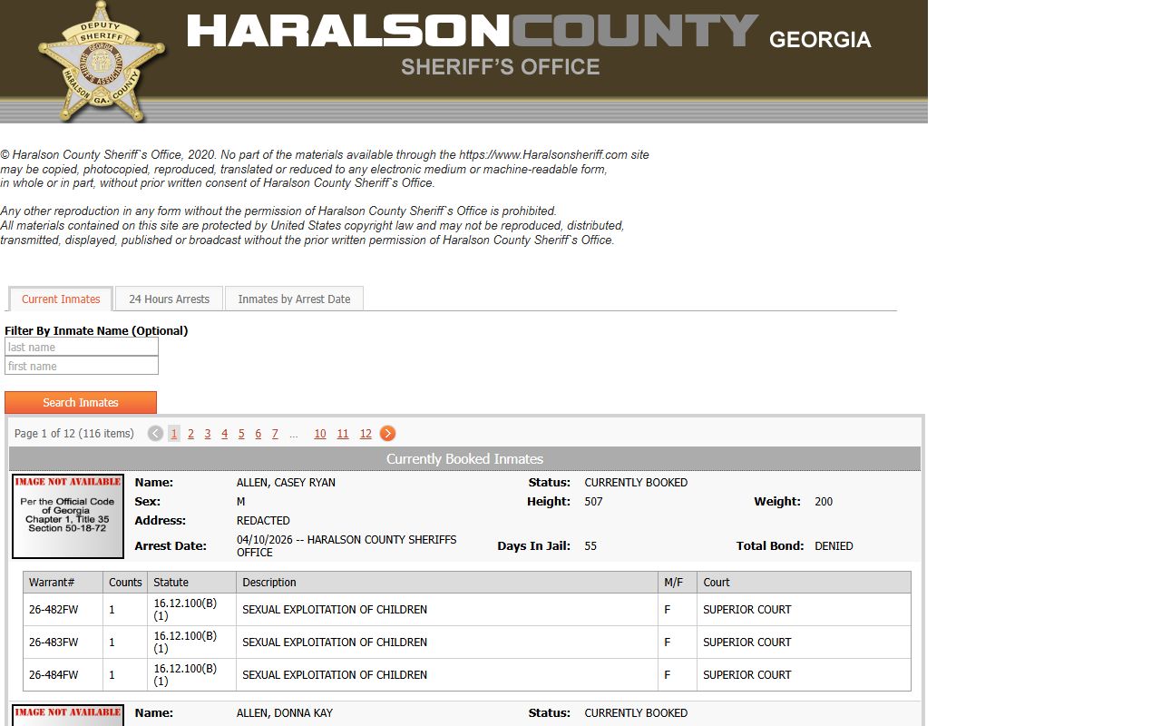 Haralson County inmate population current roster search fields and booking entries